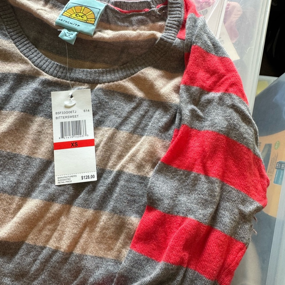 C&C California Gray and Red Striped Sweater